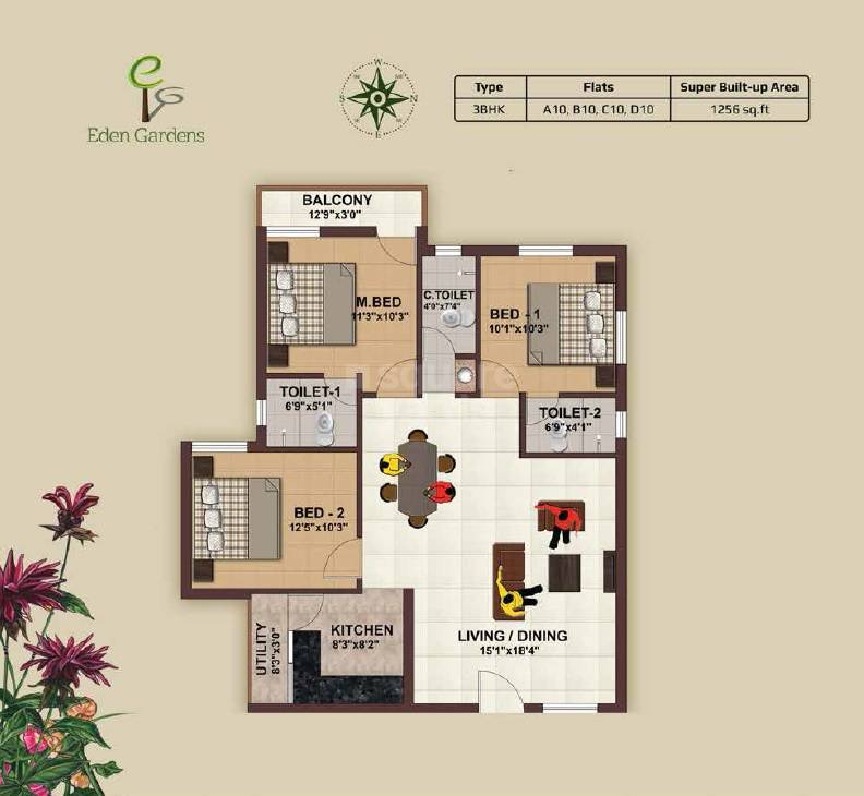 Floor plan of 3 BHK 1256 Sq. Ft. Apartment in Evocon Eden Gardens, Chennai