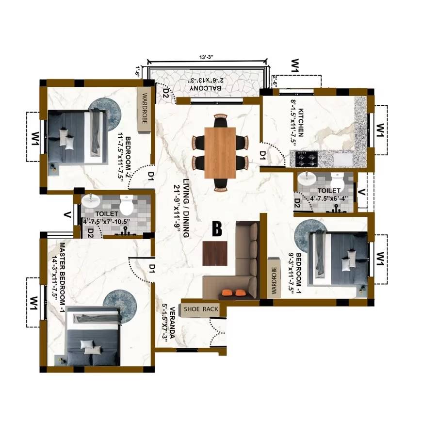 Floor plan of 3 BHK 832 Sq. Ft. Apartment in Fairdeal Apartments, Chennai
