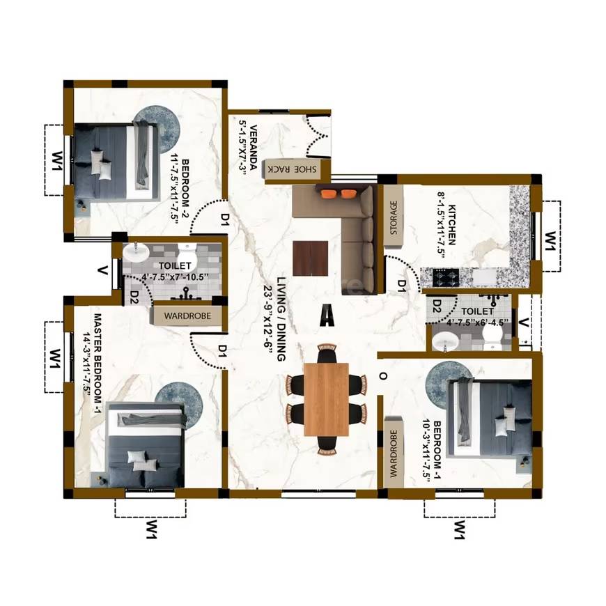 Floor plan of 3 BHK 861 Sq. Ft. Apartment in Fairdeal Apartments, Chennai