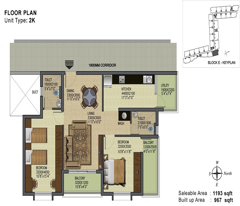 Floor plan of 2 BHK 1193 Sq. Ft. Apartment in Featherlite Vaikuntam, Chennai