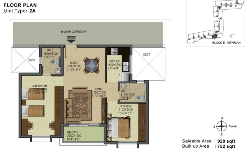 Floor plan of 2 BHK 928 Sq. Ft. Apartment in Featherlite Vaikuntam, Chennai