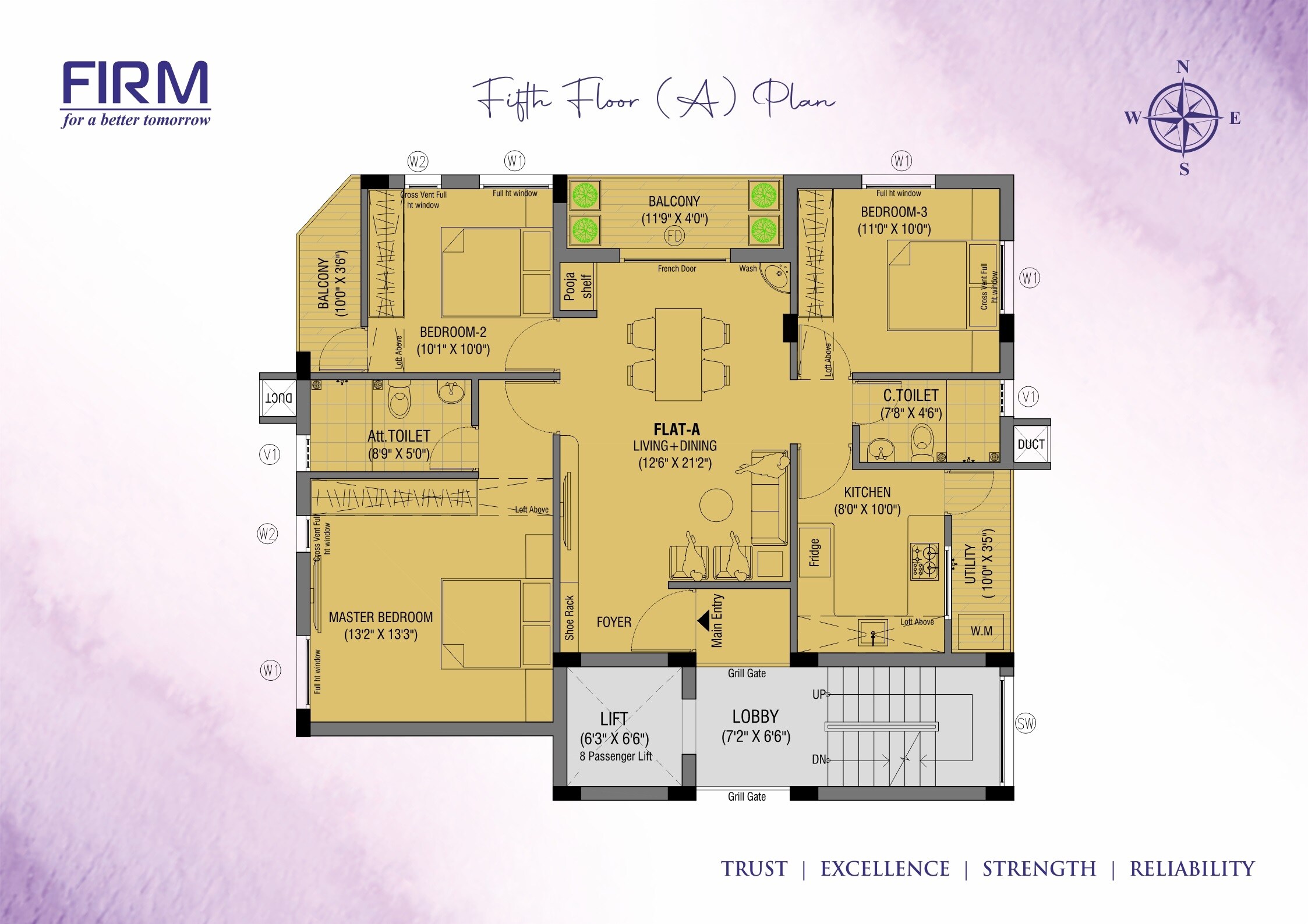 Floor plan of 3 BHK 1350 Sq. Ft. Apartment in Firm Ashmita, Chennai