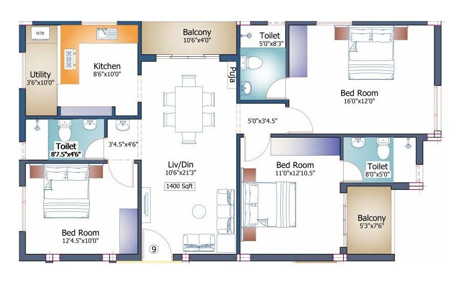 3 BHK 1400 Sq. Ft. Apartment