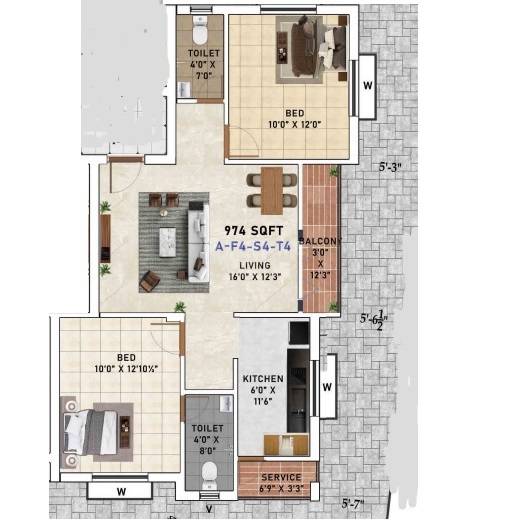 Floor plan of 2 BHK 974 Sq. Ft. Apartment in FK Meadows Square, Chennai