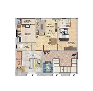 Floor plan of 2 BHK 990 Sq. Ft. Apartment in FK Midland, Chennai