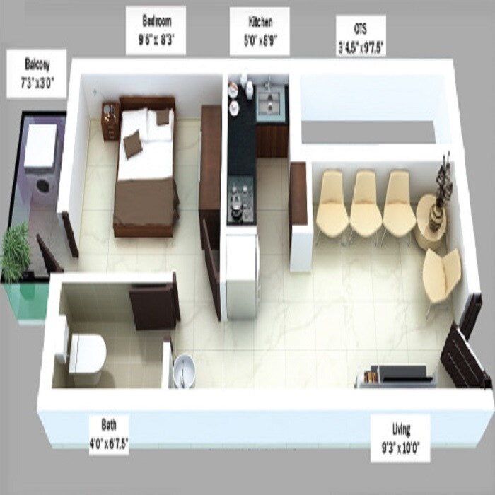 Floor plan of 1 BHK 455 Sq. Ft. Apartment in Fortune Lotus, Chennai