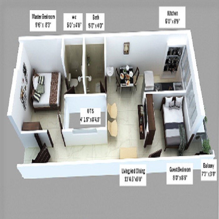 Floor plan of 2 BHK 600 Sq. Ft. Apartment in Fortune Lotus, Chennai