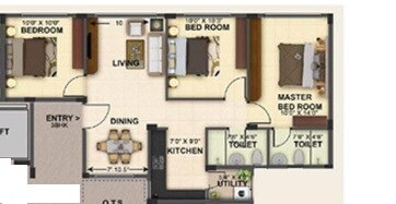 Floor plan of 3 BHK 1062 Sq. Ft. Apartment in Freedom by Provident Chennai, Chennai