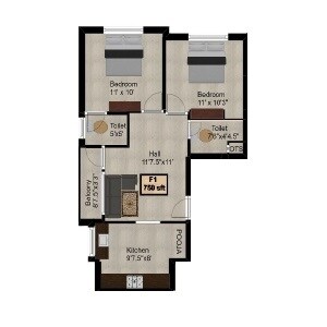 Floor plan of 2 BHK 750 Sq. Ft. Apartment in Gandhimathi Amirtham, Chennai