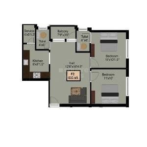 Floor plan of 2 BHK 833 Sq. Ft. Apartment in Gandhimathi Amirtham, Chennai