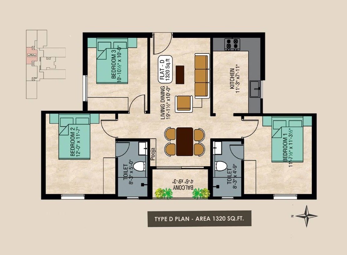 Floor plan of 3 BHK 1320 Sq. Ft. Apartment in Gatala Metro Heights, Chennai
