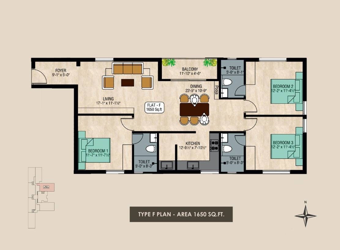 Floor plan of 3 BHK 1650 Sq. Ft. Apartment in Gatala Metro Heights, Chennai