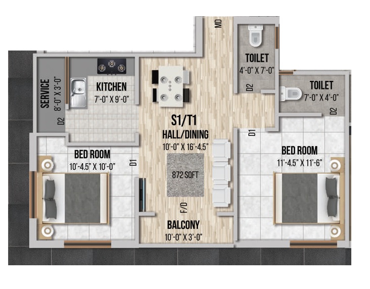 2 BHK 872 Sq. Ft. Apartment in GK Thiara Apartments