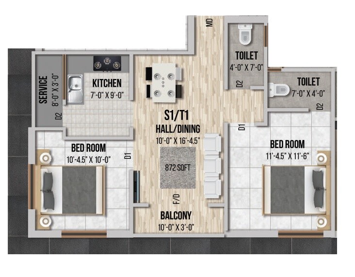 Floor plan of 2 BHK 872 Sq. Ft. Apartment in GK Thiara Apartments, Chennai