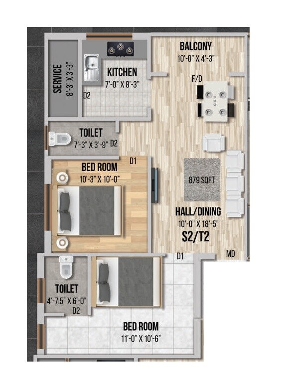 Floor plan of 2 BHK 881 Sq. Ft. Apartment in GK Thiara Apartments, Chennai