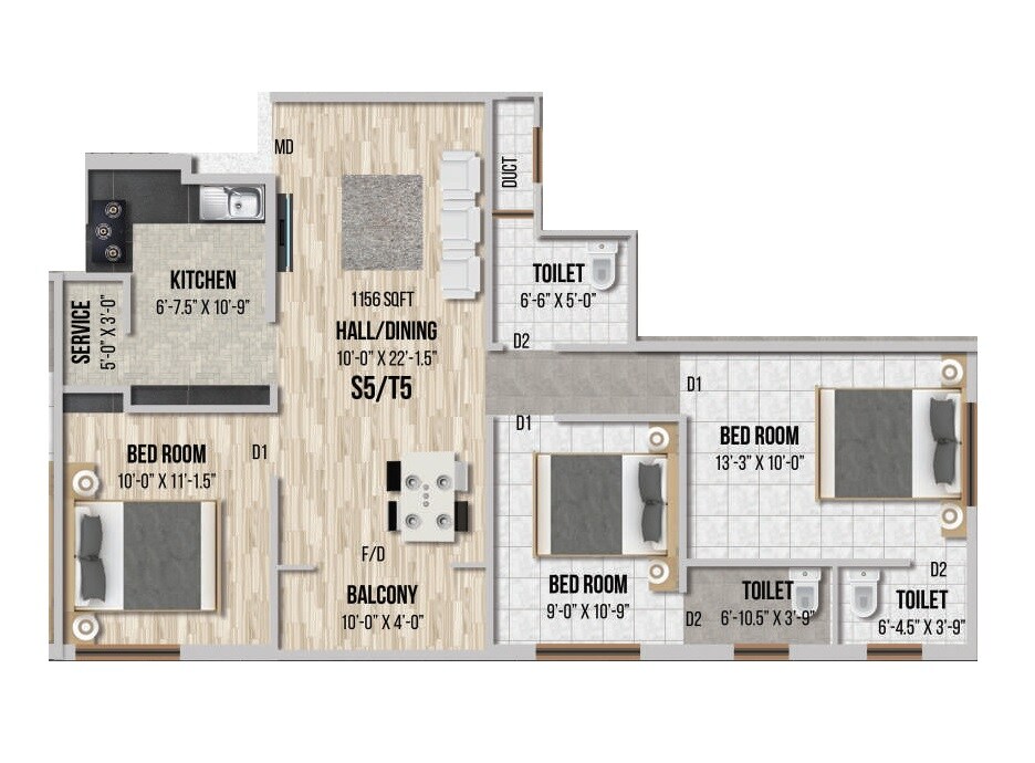 Floor plan of 3 BHK 1156 Sq. Ft. Apartment in GK Thiara Apartments, Chennai