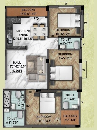 Floor plan of 3 BHK 1196 Sq. Ft. Apartment in GK Thiara Apartments, Chennai