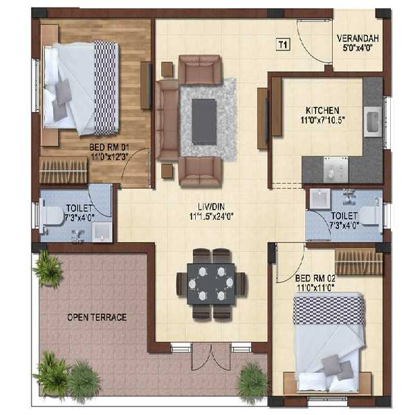 Floor plan of 2 BHK 1012 Sq. Ft. Apartment in Global Castle, Chennai