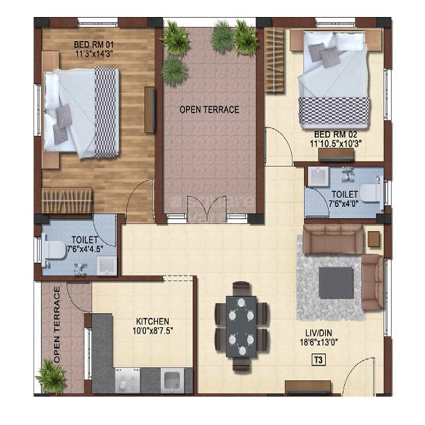 Floor plan of 2 BHK 1061 Sq. Ft. Apartment in Global Castle, Chennai