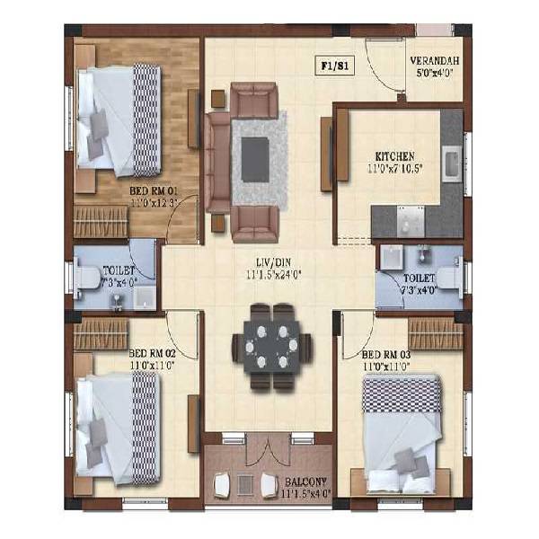 Floor plan of 3 BHK 1274 Sq. Ft. Apartment in Global Castle, Chennai