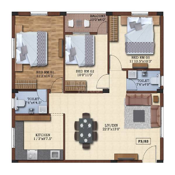 Floor plan of 3 BHK 1287 Sq. Ft. Apartment in Global Castle, Chennai