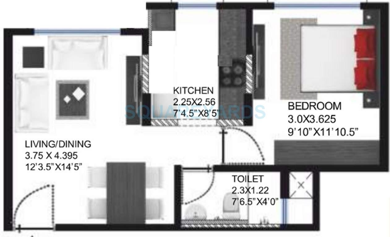 Floor plan of 1 BHK 572 Sq. Ft. Apartment in Godrej Palm Grove, Chennai