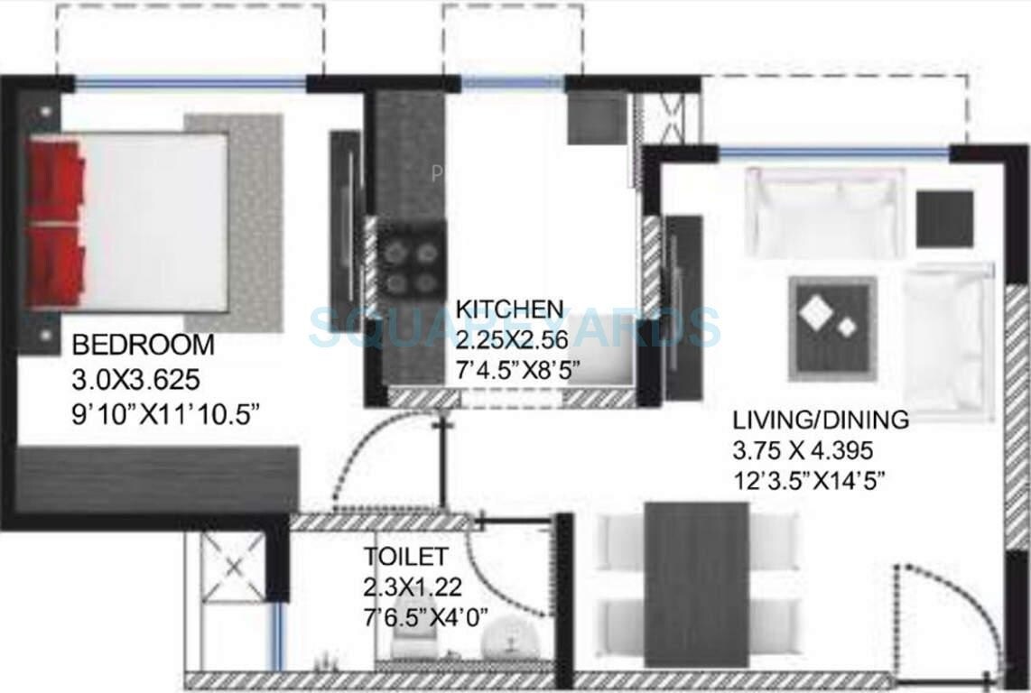 Floor plan of 1 BHK 576 Sq. Ft. Apartment in Godrej Palm Grove, Chennai