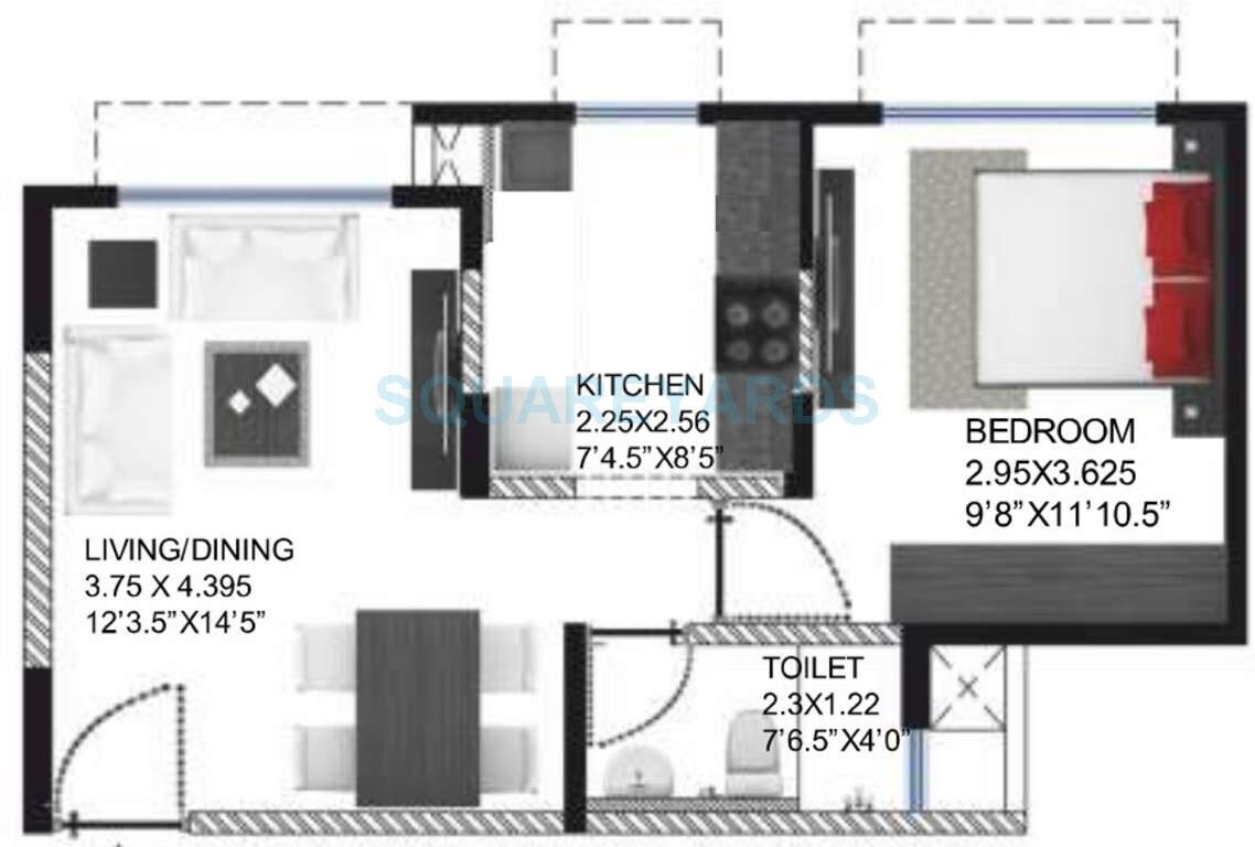 Floor plan of 1 BHK 585 Sq. Ft. Apartment in Godrej Palm Grove, Chennai