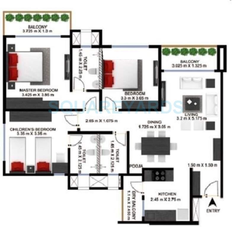 Floor plan of 2 BHK 1194 Sq. Ft. Apartment in Godrej Palm Grove, Chennai