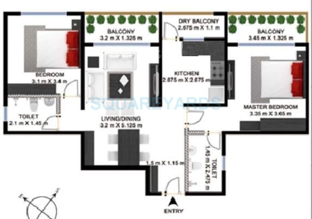 Floor plan of 2 BHK 1220 Sq. Ft. Apartment in Godrej Palm Grove, Chennai