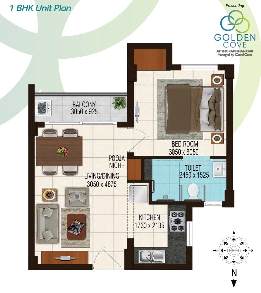 Floor plan of 1 BHK 371 Sq. Ft. Apartment in Golden Cove, Chennai
