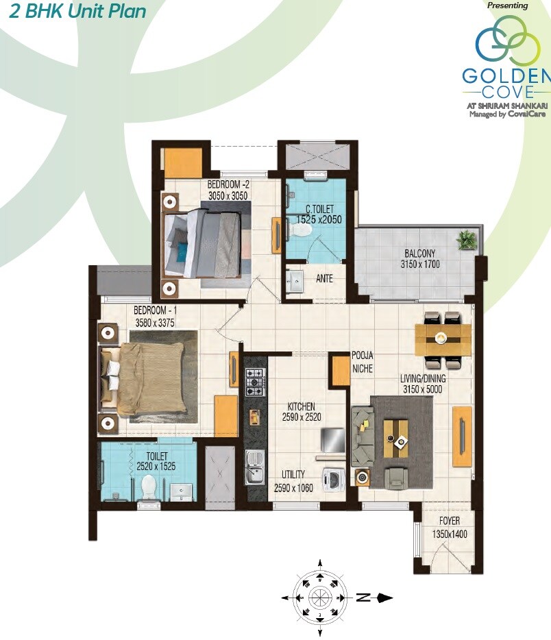 Floor plan of 2 BHK 679 Sq. Ft. Apartment in Golden Cove, Chennai