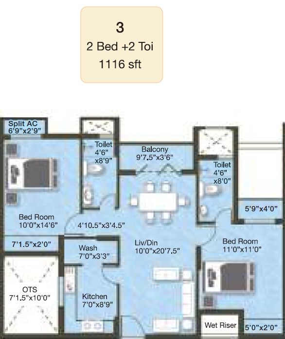 Floor plan of 2 BHK 1116 Sq. Ft. Apartment in Golden Opulence, Chennai