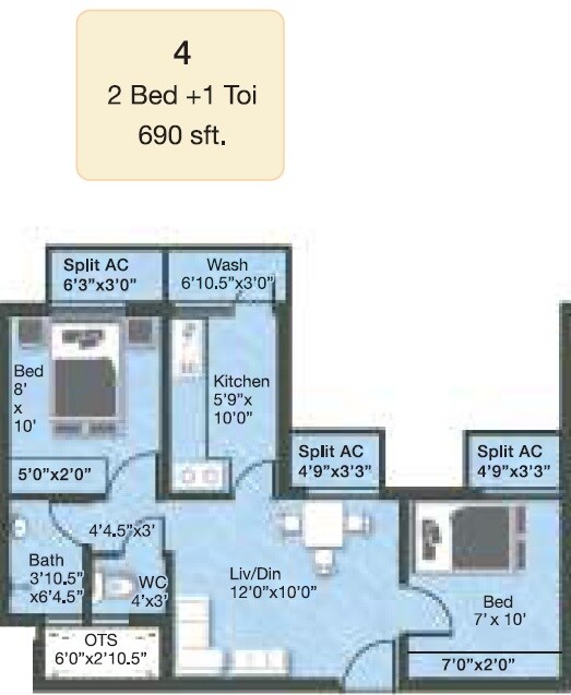 Floor plan of 2 BHK 690 Sq. Ft. Apartment in Golden Opulence, Chennai