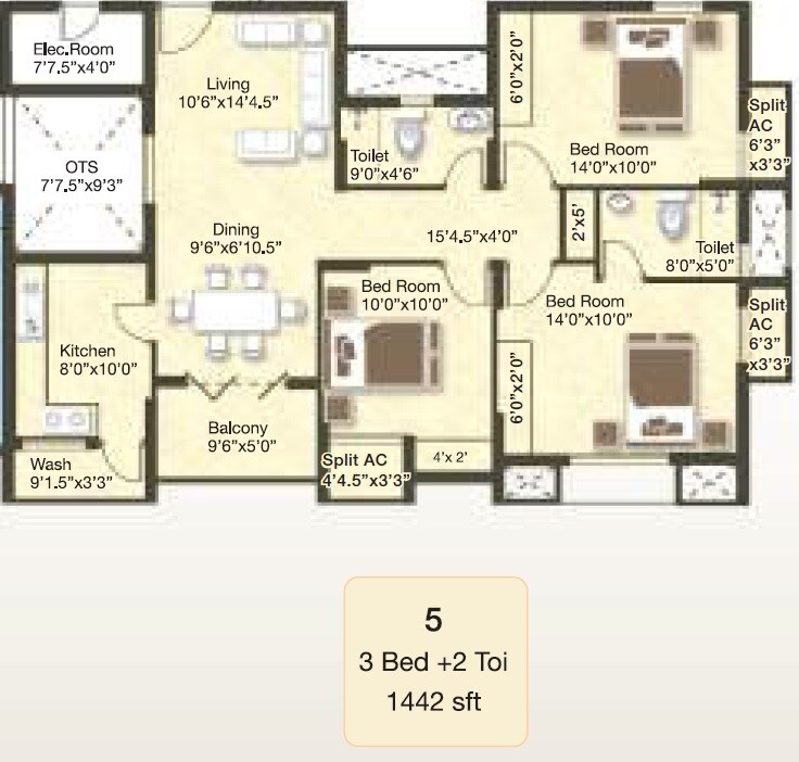 Floor plan of 3 BHK 1442 Sq. Ft. Apartment in Golden Opulence, Chennai