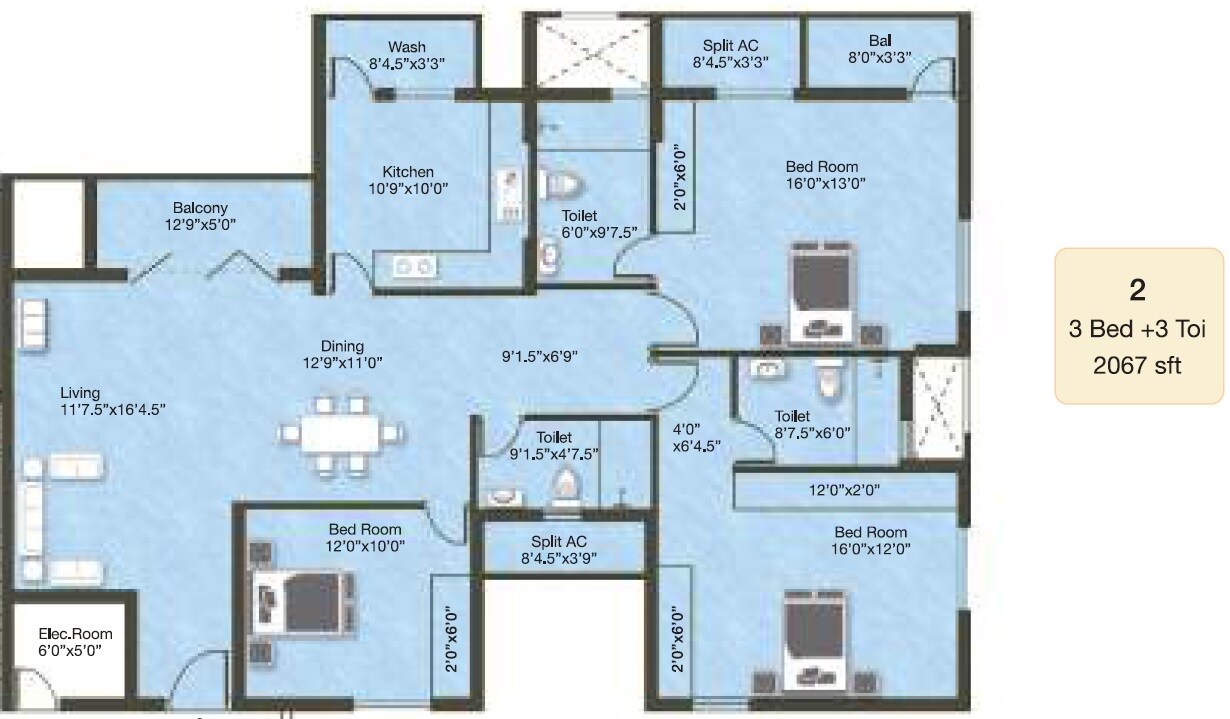 Floor plan of 3 BHK 2067 Sq. Ft. Apartment in Golden Opulence, Chennai