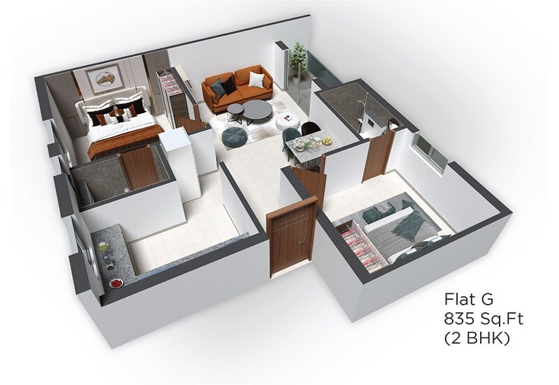 Floor plan of 2 BHK 835 Sq. Ft. Apartment in GP Elanza, Chennai