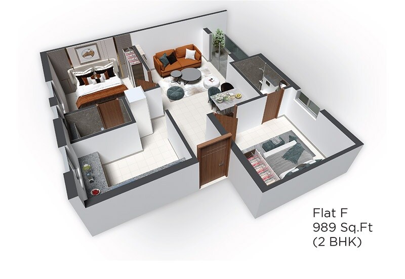 Floor plan of 2 BHK 989 Sq. Ft. Apartment in GP Elanza, Chennai