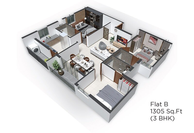 Floor plan of 3 BHK 1305 Sq. Ft. Apartment in GP Elanza, Chennai