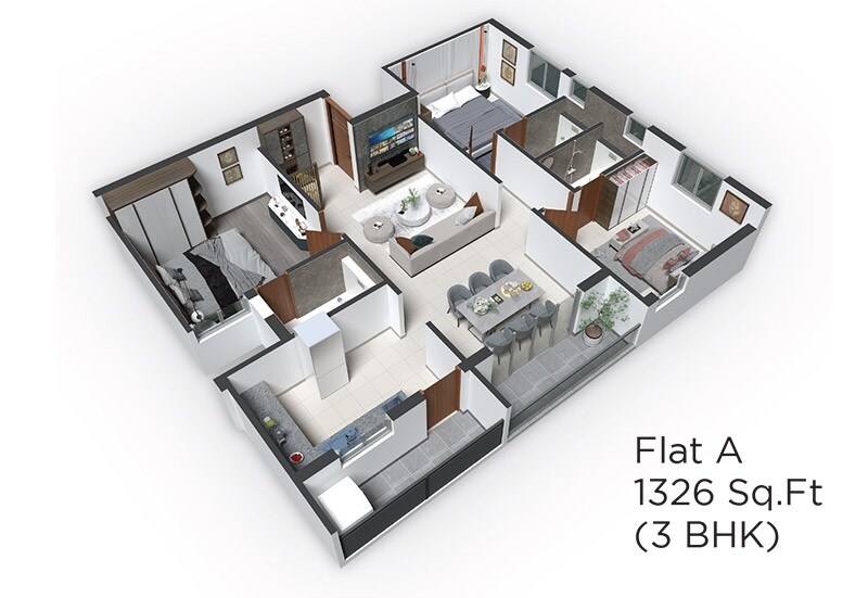 Floor plan of 3 BHK 1326 Sq. Ft. Apartment in GP Elanza, Chennai