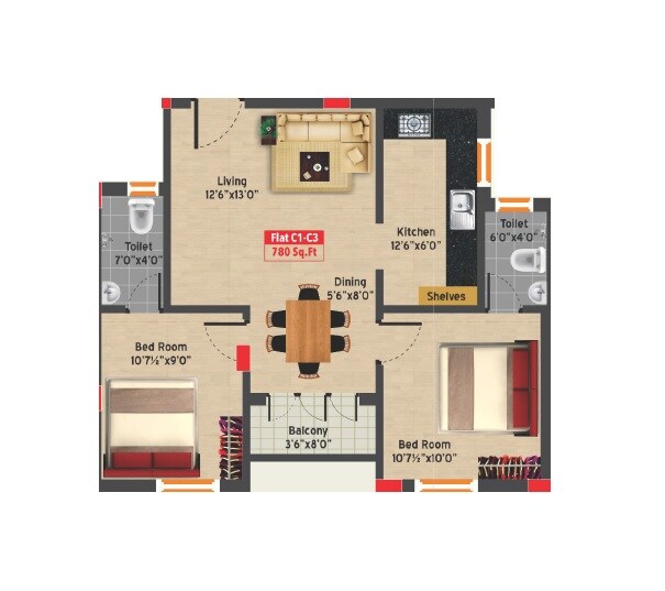 Floor plan of 2 BHK 780 Sq. Ft. Apartment in GP Imperial, Chennai