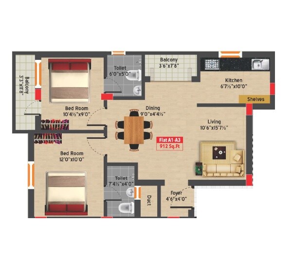 Floor plan of 2 BHK 912 Sq. Ft. Apartment in GP Imperial, Chennai