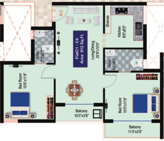 Floor plan of 2 BHK 912 Sq. Ft. Apartment in GP Valencia Ruby, Chennai