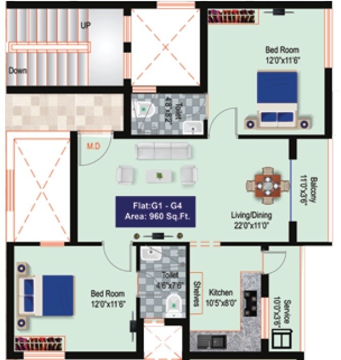 Floor plan of 2 BHK 960 Sq. Ft. Apartment in GP Valencia Ruby, Chennai