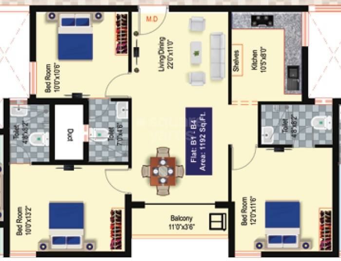 Floor plan of 3 BHK 1192 Sq. Ft. Apartment in GP Valencia Ruby, Chennai