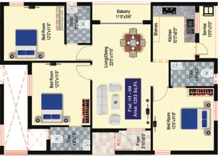 Floor plan of 3 BHK 1283 Sq. Ft. Apartment in GP Valencia Ruby, Chennai