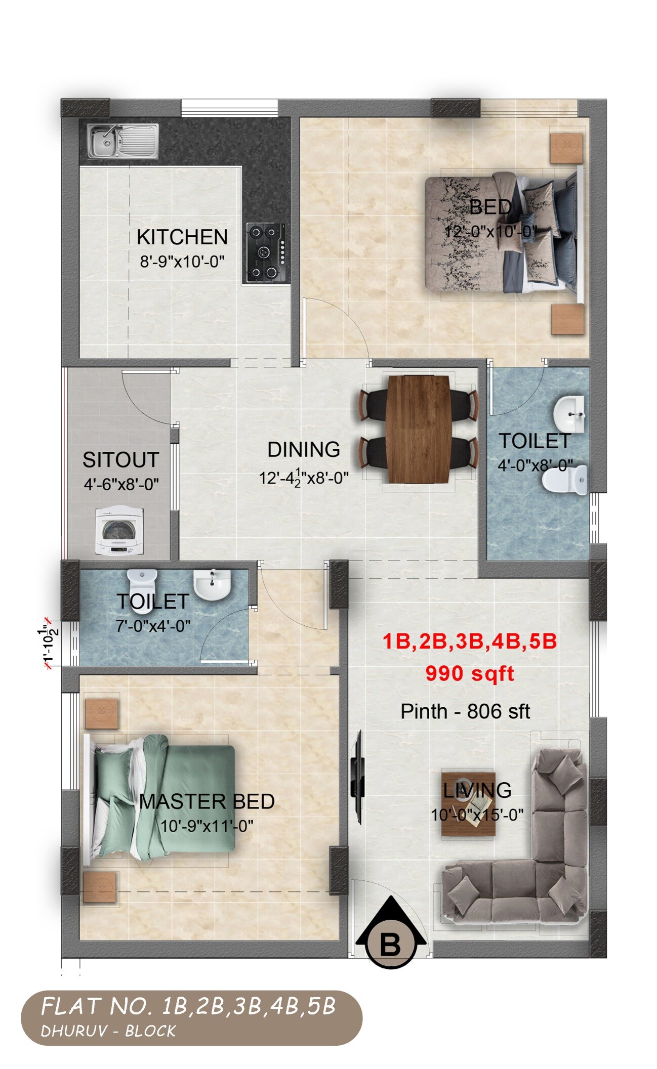 2 BHK 990 Sq. Ft. Apartment