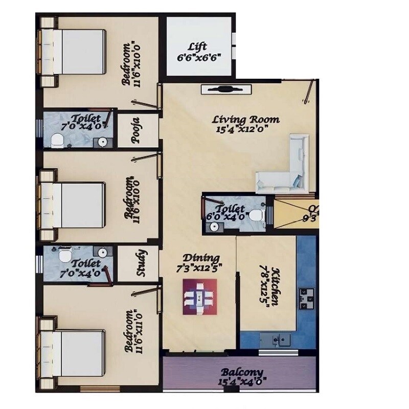 Floor plan of 3 BHK 1176 Sq. Ft. Apartment in Grand Excelencia, Chennai