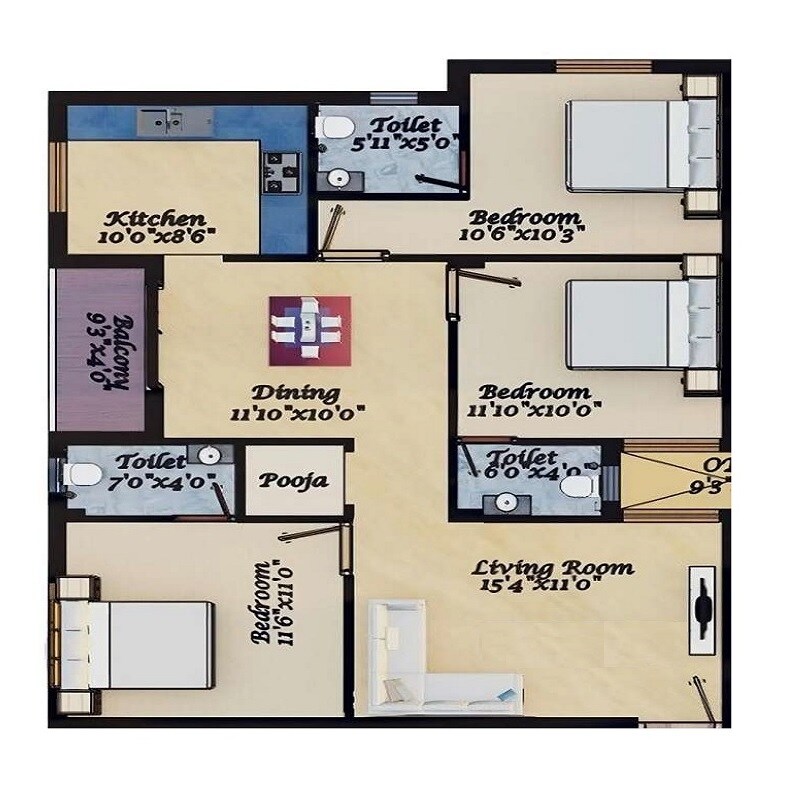 Floor plan of 3 BHK 939 Sq. Ft. Apartment in Grand Excelencia, Chennai