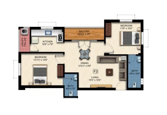 Floor plan of 2 BHK 968 Sq. Ft. Apartment in Green Amaravathi, Chennai